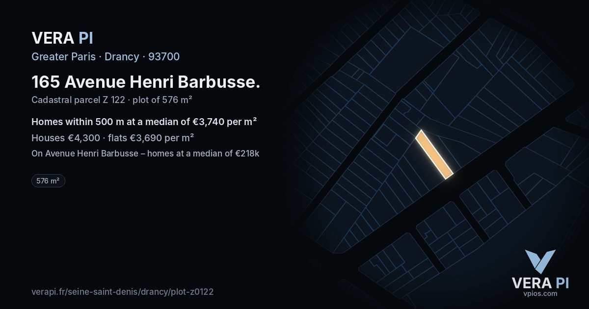 165 Avenue Henri Barbusse, Drancy at night – the plot lit, the parcels around coloured by the prices near them