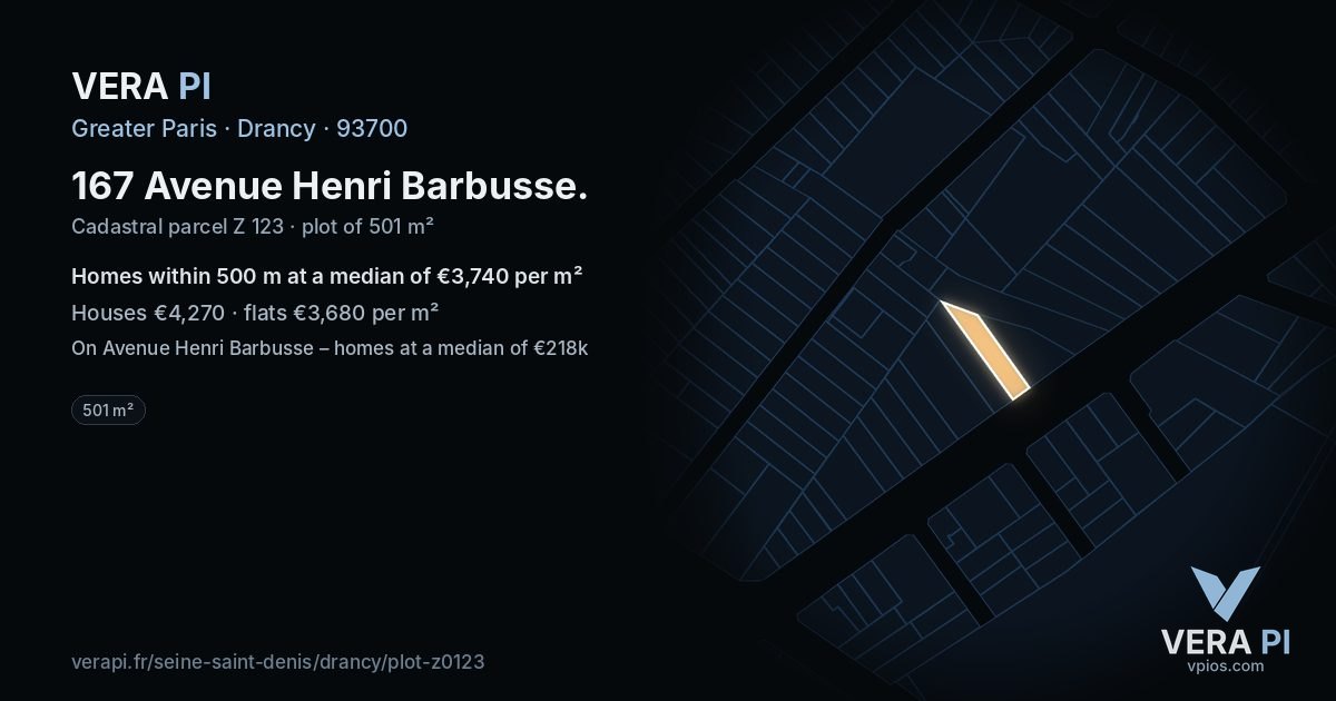 167 Avenue Henri Barbusse, Drancy at night – the plot lit, the parcels around coloured by the prices near them