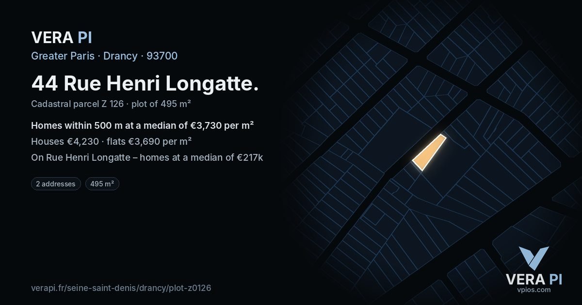 44 Rue Henri Longatte, Drancy at night – the plot lit, the parcels around coloured by the prices near them