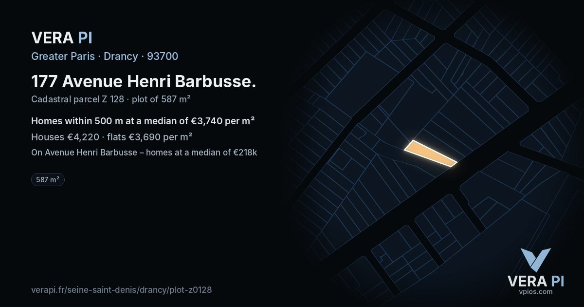 177 Avenue Henri Barbusse, Drancy at night – the plot lit, the parcels around coloured by the prices near them