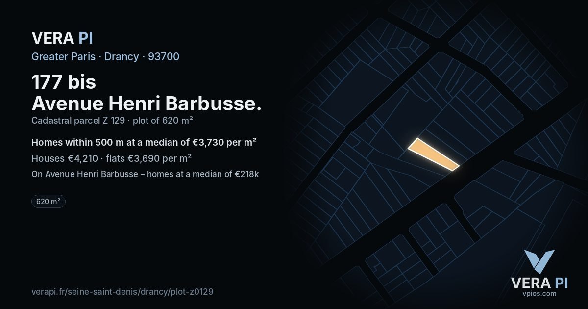 177 bis Avenue Henri Barbusse, Drancy at night – the plot lit, the parcels around coloured by the prices near them