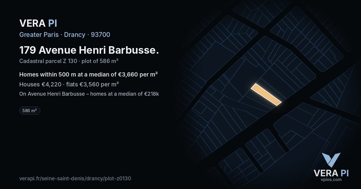 179 Avenue Henri Barbusse, Drancy at night – the plot lit, the parcels around coloured by the prices near them
