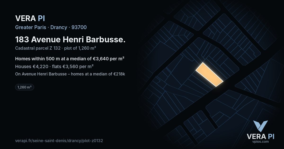 183 Avenue Henri Barbusse, Drancy at night – the plot lit, the parcels around coloured by the prices near them