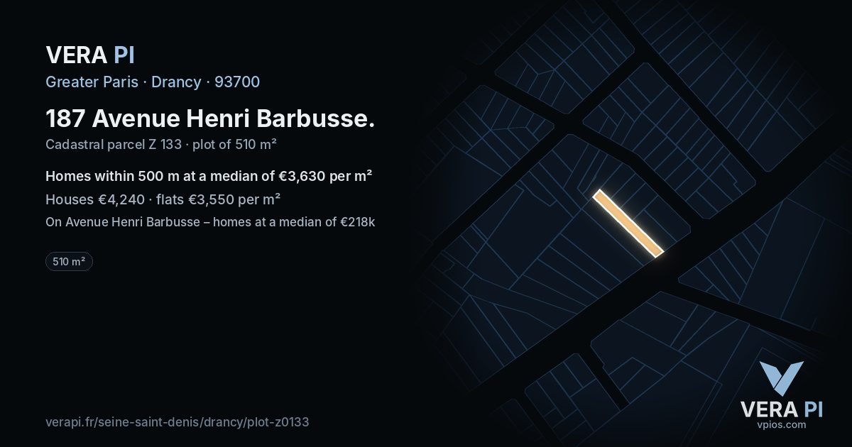 187 Avenue Henri Barbusse, Drancy at night – the plot lit, the parcels around coloured by the prices near them