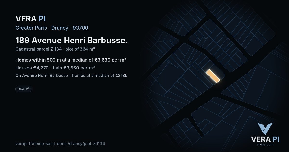 189 Avenue Henri Barbusse, Drancy at night – the plot lit, the parcels around coloured by the prices near them
