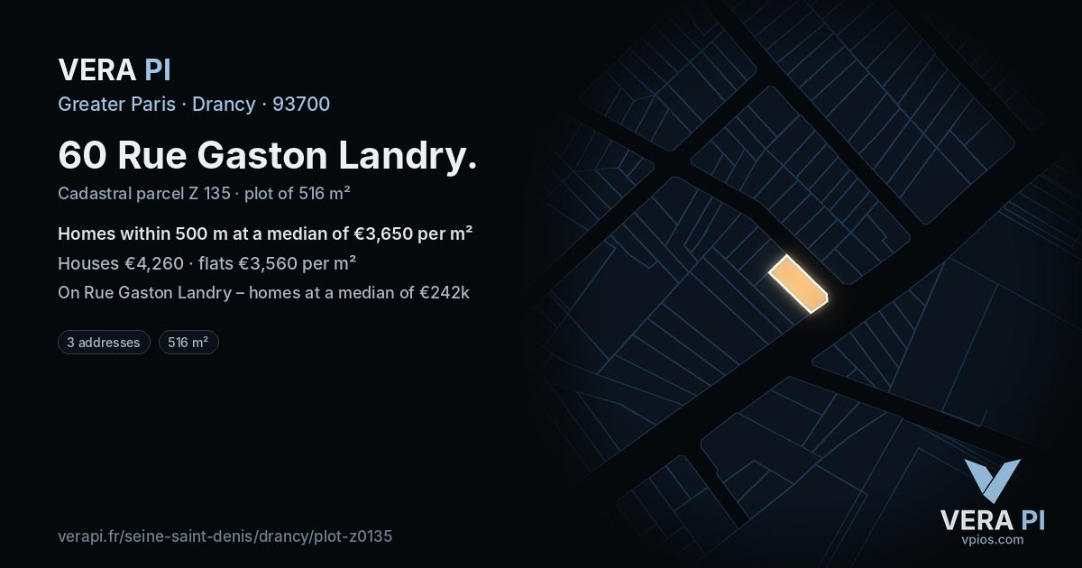 60 Rue Gaston Landry, Drancy at night – the plot lit, the parcels around coloured by the prices near them