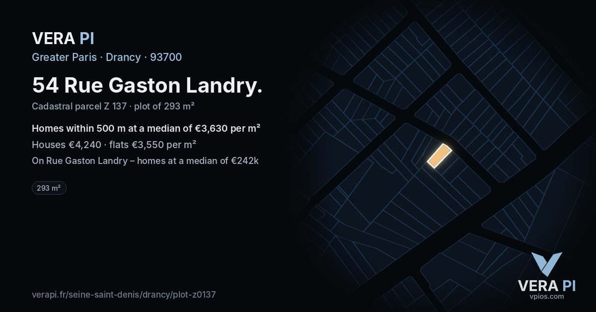 54 Rue Gaston Landry, Drancy at night – the plot lit, the parcels around coloured by the prices near them