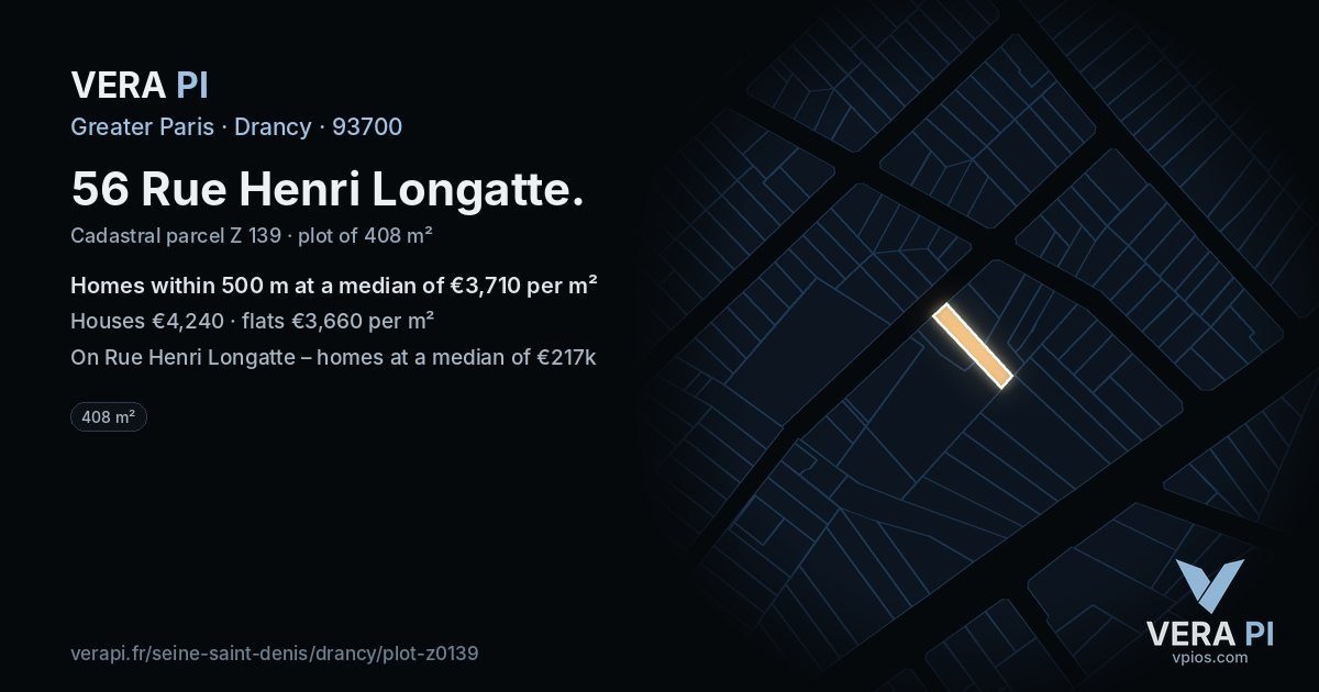 56 Rue Henri Longatte, Drancy at night – the plot lit, the parcels around coloured by the prices near them