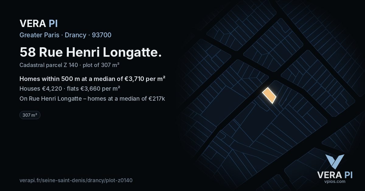 58 Rue Henri Longatte, Drancy at night – the plot lit, the parcels around coloured by the prices near them