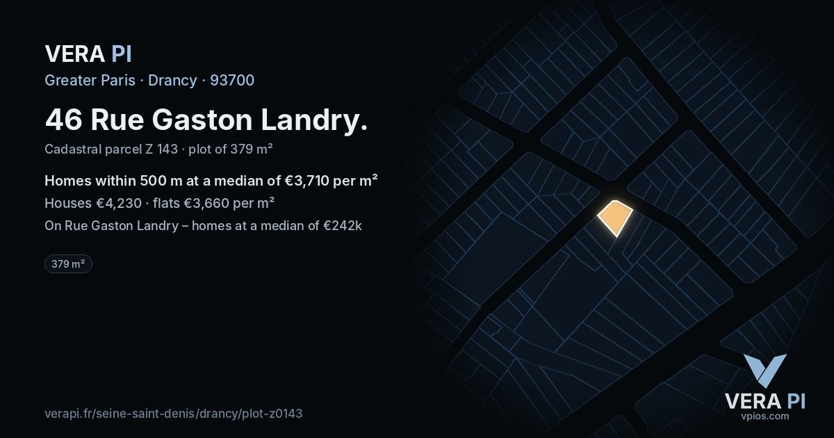 46 Rue Gaston Landry, Drancy at night – the plot lit, the parcels around coloured by the prices near them