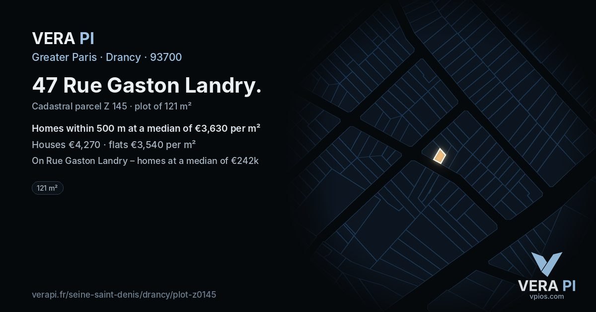 47 Rue Gaston Landry, Drancy at night – the plot lit, the parcels around coloured by the prices near them