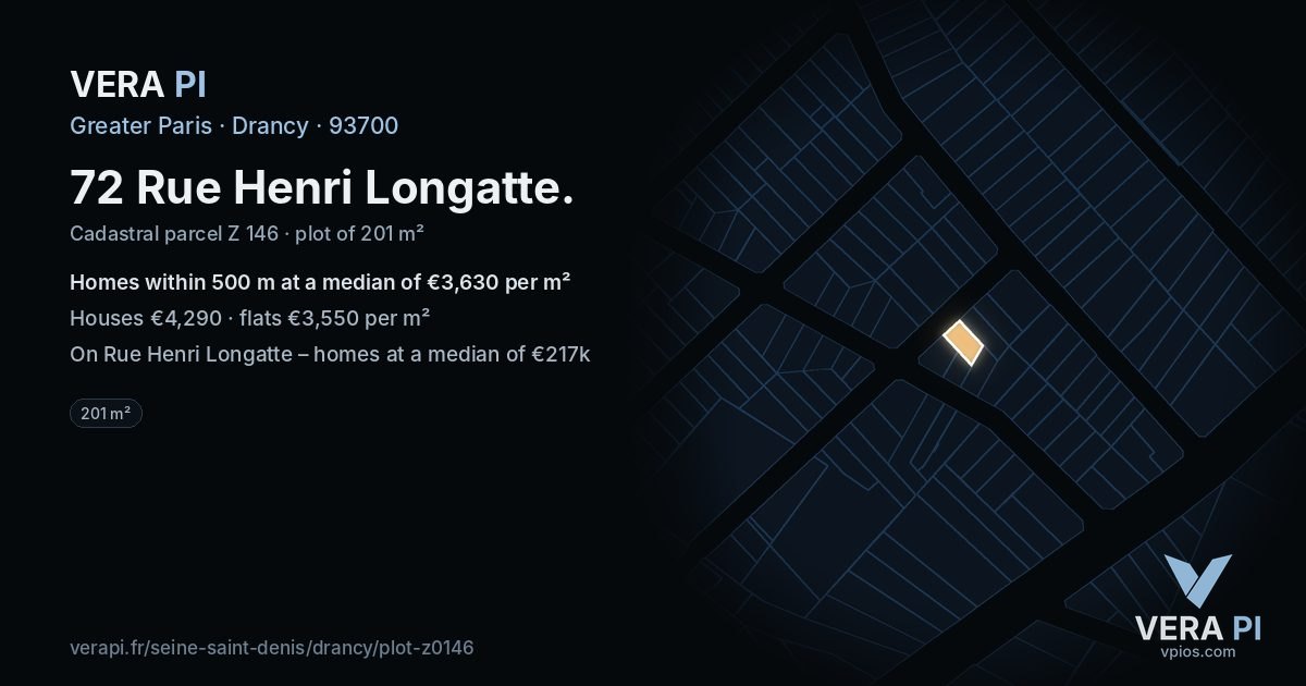 72 Rue Henri Longatte, Drancy at night – the plot lit, the parcels around coloured by the prices near them