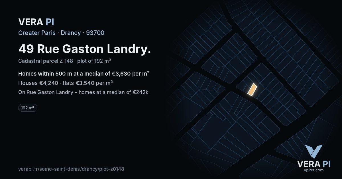 49 Rue Gaston Landry, Drancy at night – the plot lit, the parcels around coloured by the prices near them