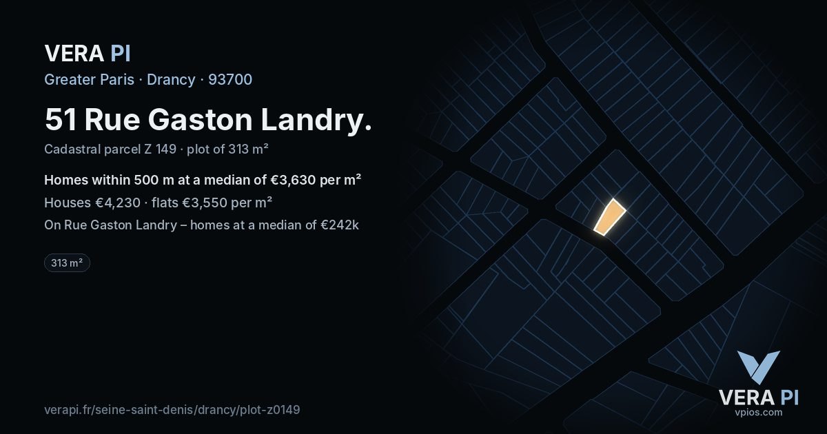 51 Rue Gaston Landry, Drancy at night – the plot lit, the parcels around coloured by the prices near them