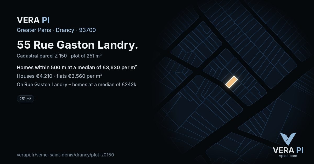 55 Rue Gaston Landry, Drancy at night – the plot lit, the parcels around coloured by the prices near them
