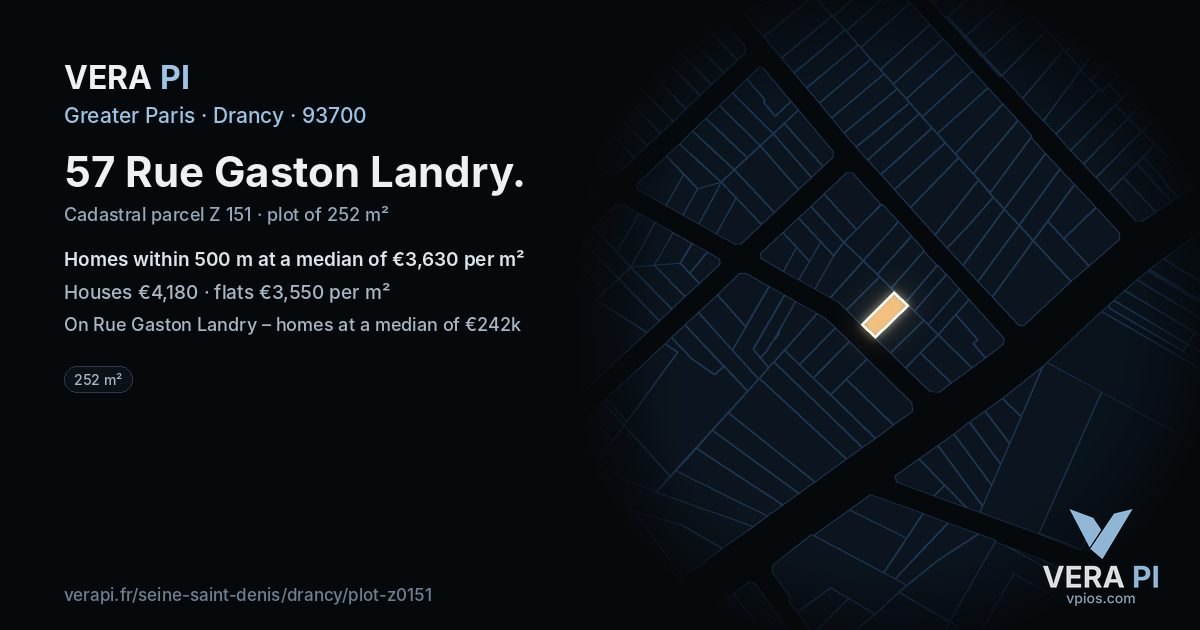 57 Rue Gaston Landry, Drancy at night – the plot lit, the parcels around coloured by the prices near them