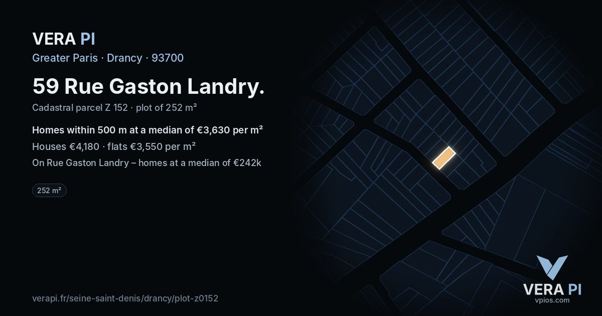 59 Rue Gaston Landry, Drancy at night – the plot lit, the parcels around coloured by the prices near them