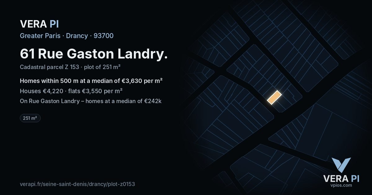 61 Rue Gaston Landry, Drancy at night – the plot lit, the parcels around coloured by the prices near them