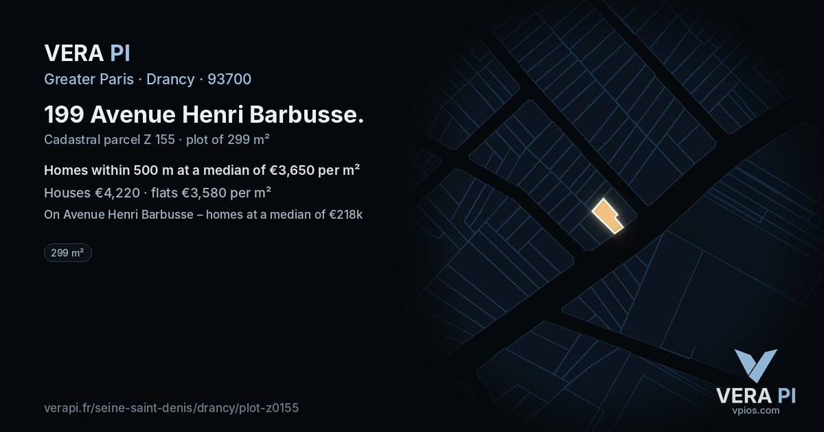 199 Avenue Henri Barbusse, Drancy at night – the plot lit, the parcels around coloured by the prices near them