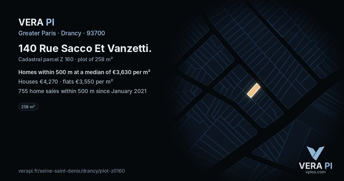 140 Rue Sacco Et Vanzetti, Drancy at night – the plot lit, the parcels around coloured by the prices near them