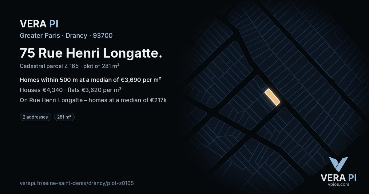 75 Rue Henri Longatte, Drancy at night – the plot lit, the parcels around coloured by the prices near them