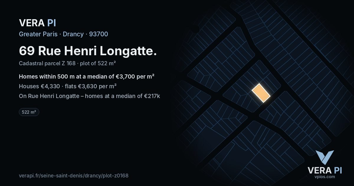 69 Rue Henri Longatte, Drancy at night – the plot lit, the parcels around coloured by the prices near them