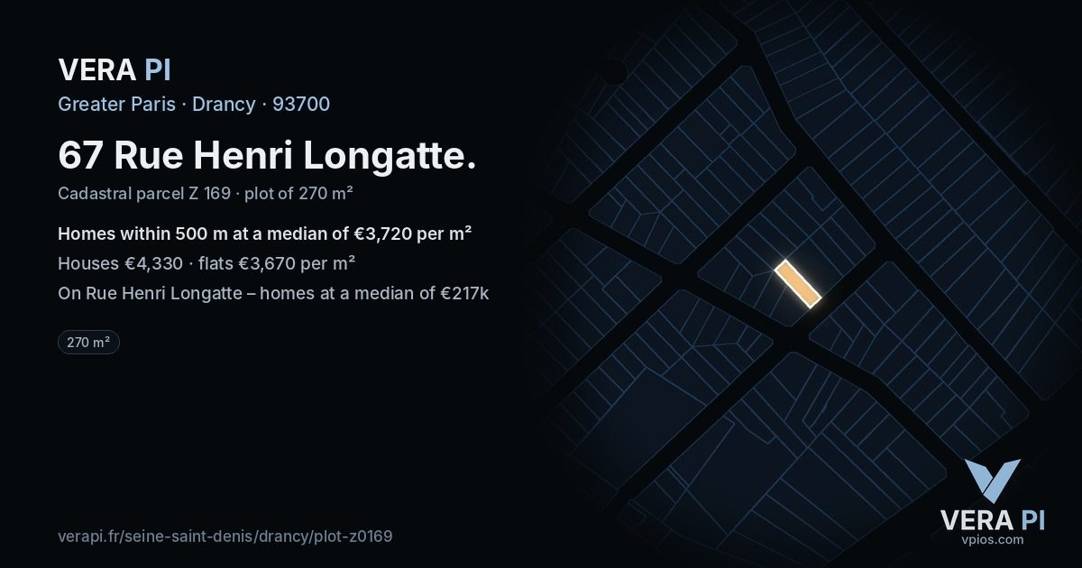 67 Rue Henri Longatte, Drancy at night – the plot lit, the parcels around coloured by the prices near them