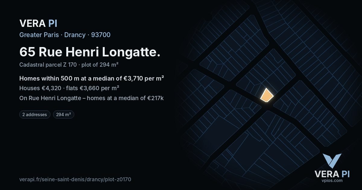 65 Rue Henri Longatte, Drancy at night – the plot lit, the parcels around coloured by the prices near them