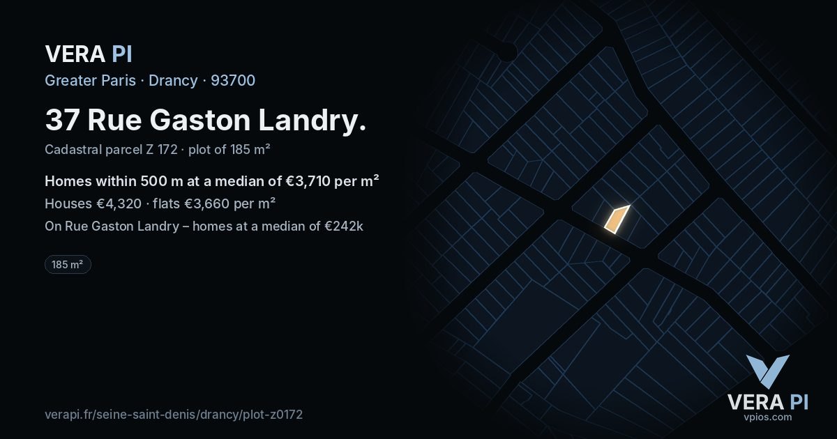 37 Rue Gaston Landry, Drancy at night – the plot lit, the parcels around coloured by the prices near them