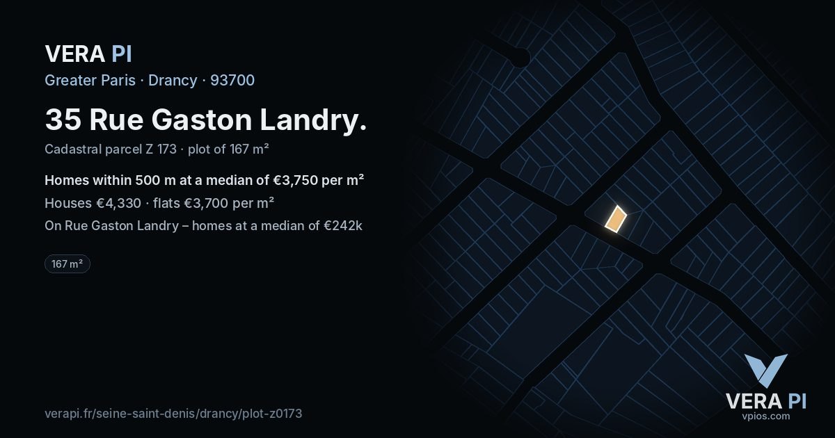 35 Rue Gaston Landry, Drancy at night – the plot lit, the parcels around coloured by the prices near them