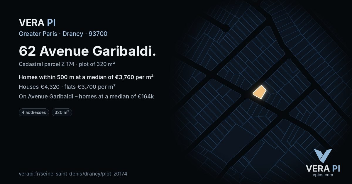 62 Avenue Garibaldi, Drancy at night – the plot lit, the parcels around coloured by the prices near them