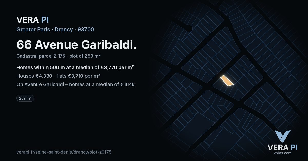 66 Avenue Garibaldi, Drancy at night – the plot lit, the parcels around coloured by the prices near them