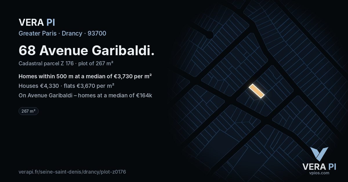 68 Avenue Garibaldi, Drancy at night – the plot lit, the parcels around coloured by the prices near them