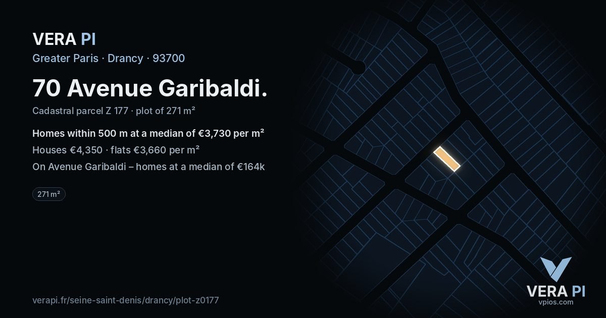 70 Avenue Garibaldi, Drancy at night – the plot lit, the parcels around coloured by the prices near them