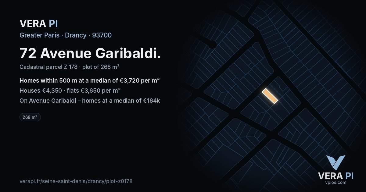 72 Avenue Garibaldi, Drancy at night – the plot lit, the parcels around coloured by the prices near them