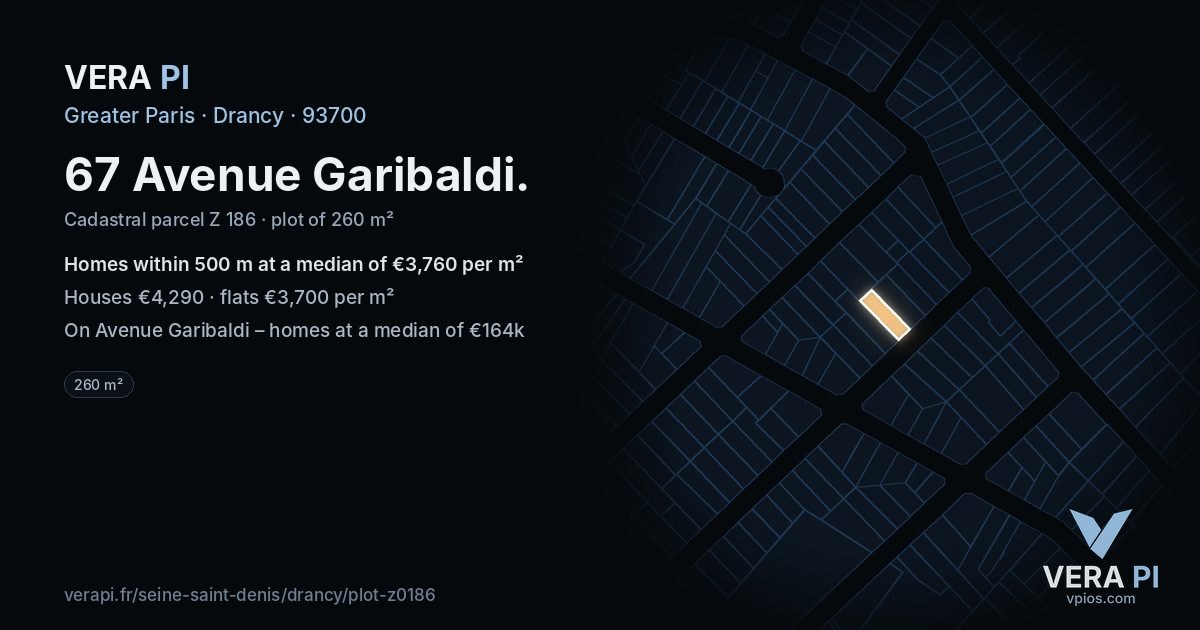 67 Avenue Garibaldi, Drancy at night – the plot lit, the parcels around coloured by the prices near them
