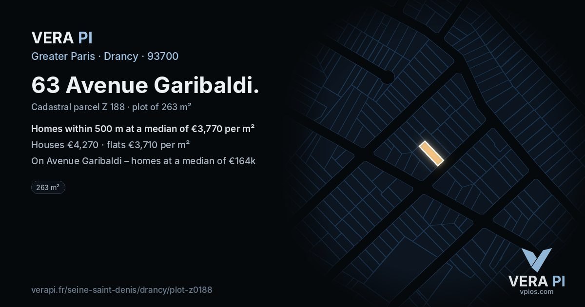 63 Avenue Garibaldi, Drancy at night – the plot lit, the parcels around coloured by the prices near them
