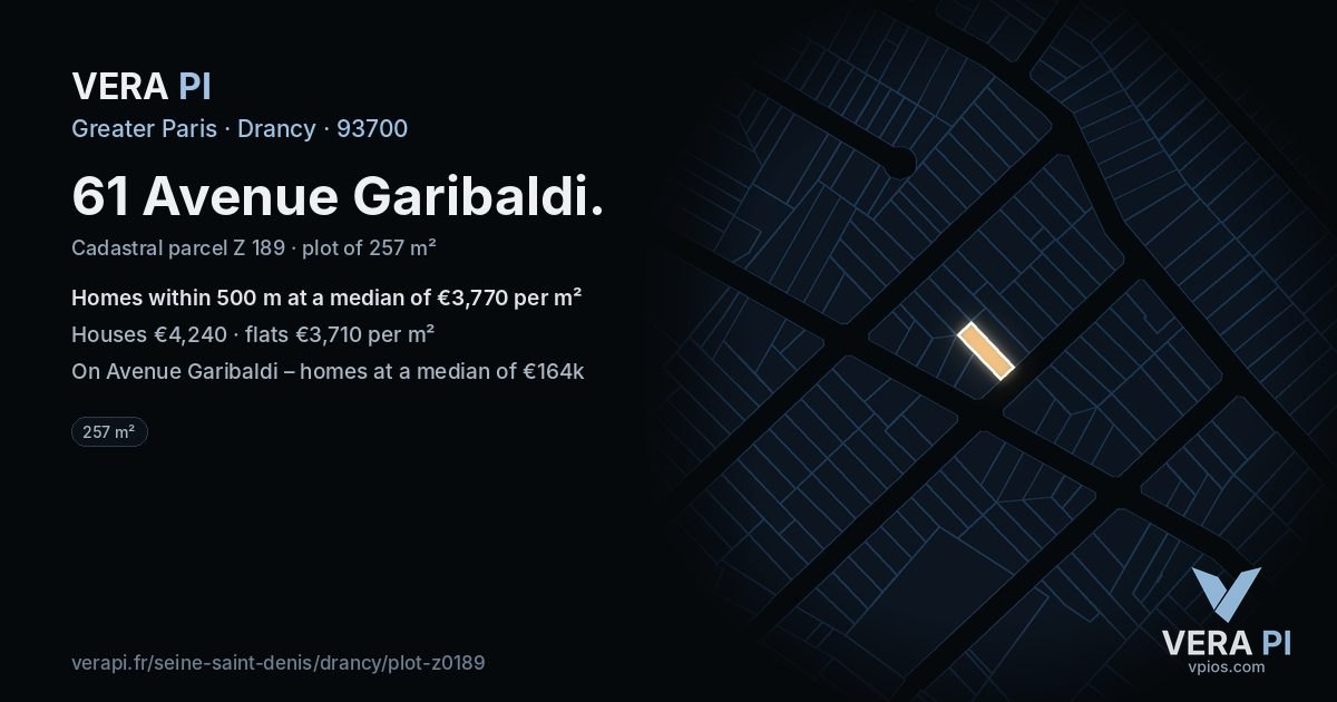 61 Avenue Garibaldi, Drancy at night – the plot lit, the parcels around coloured by the prices near them