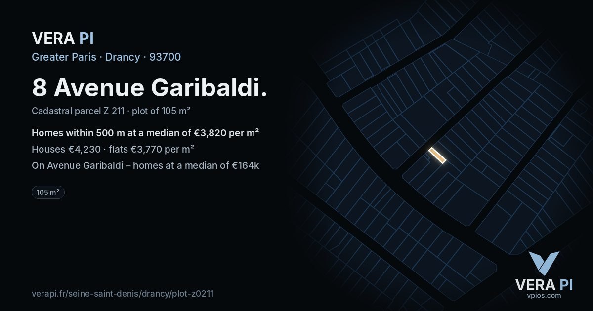 8 Avenue Garibaldi, Drancy at night – the plot lit, the parcels around coloured by the prices near them