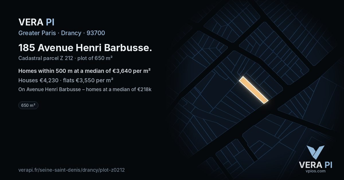 185 Avenue Henri Barbusse, Drancy at night – the plot lit, the parcels around coloured by the prices near them