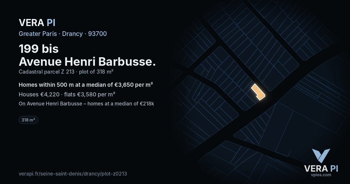 199 bis Avenue Henri Barbusse, Drancy at night – the plot lit, the parcels around coloured by the prices near them