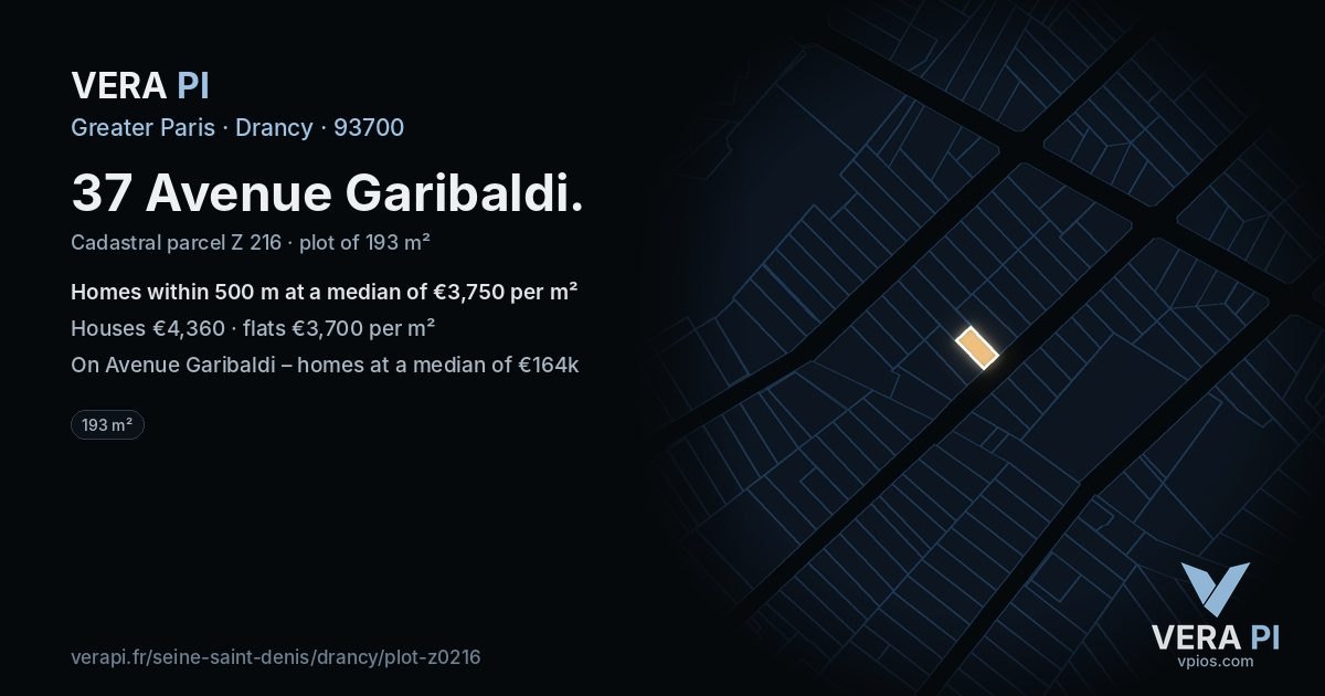 37 Avenue Garibaldi, Drancy at night – the plot lit, the parcels around coloured by the prices near them