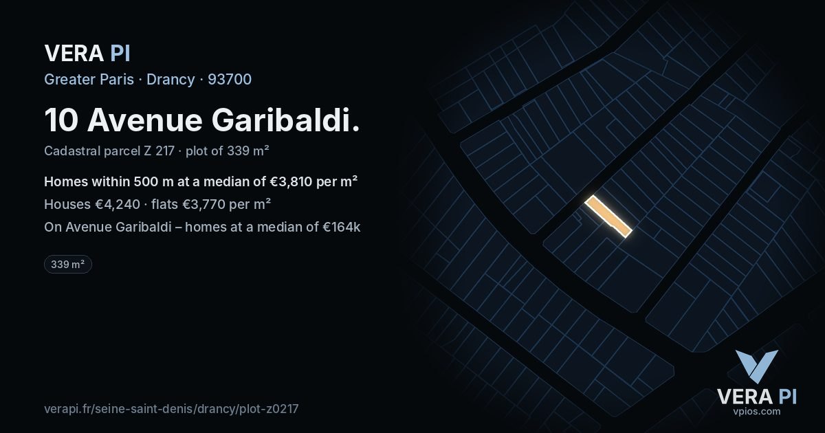 10 Avenue Garibaldi, Drancy at night – the plot lit, the parcels around coloured by the prices near them