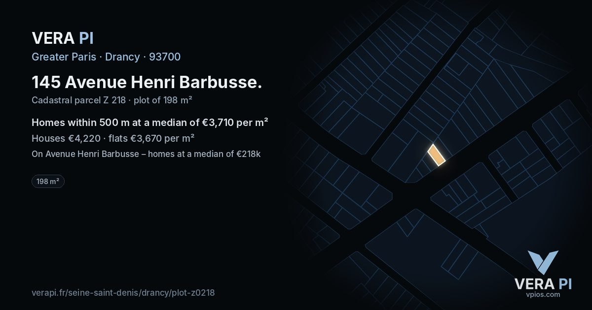 145 Avenue Henri Barbusse, Drancy at night – the plot lit, the parcels around coloured by the prices near them
