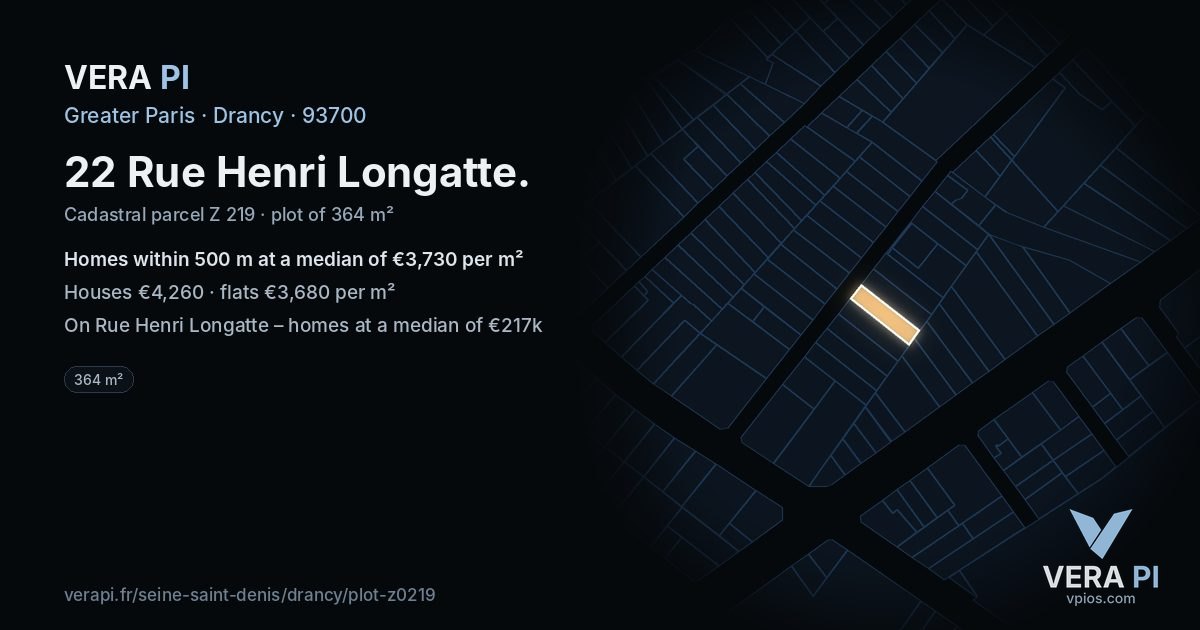 22 Rue Henri Longatte, Drancy at night – the plot lit, the parcels around coloured by the prices near them