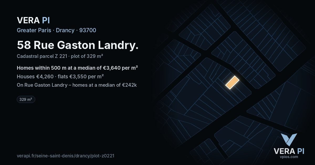58 Rue Gaston Landry, Drancy at night – the plot lit, the parcels around coloured by the prices near them
