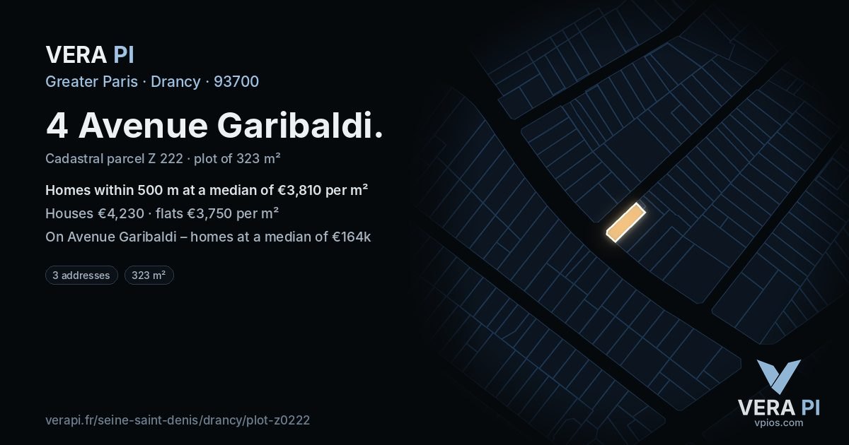 4 Avenue Garibaldi, Drancy at night – the plot lit, the parcels around coloured by the prices near them