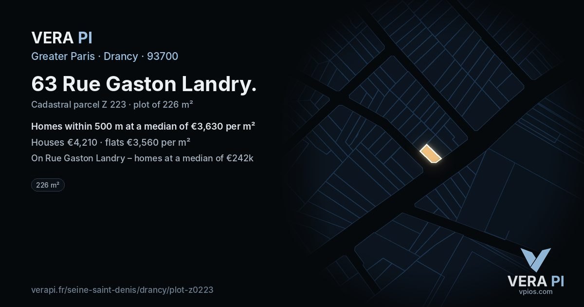 63 Rue Gaston Landry, Drancy at night – the plot lit, the parcels around coloured by the prices near them