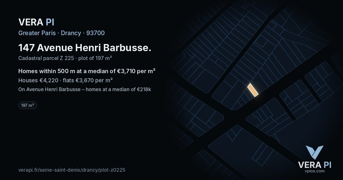 147 Avenue Henri Barbusse, Drancy at night – the plot lit, the parcels around coloured by the prices near them