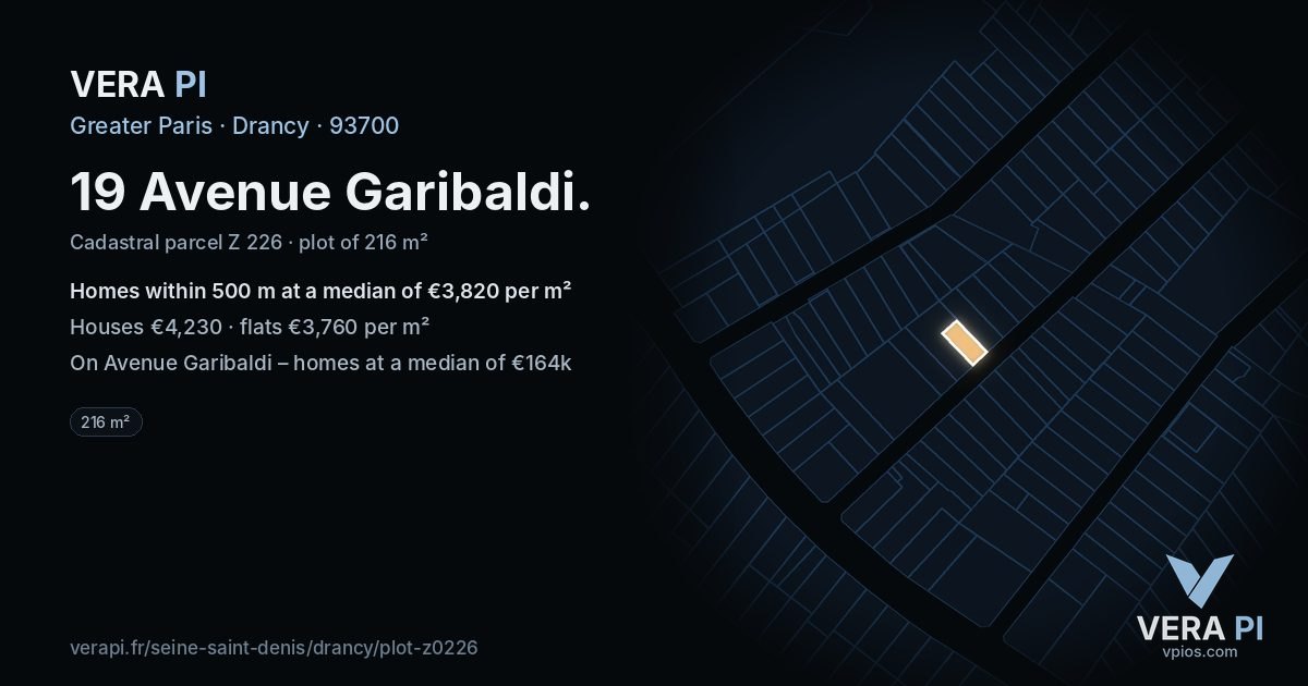 19 Avenue Garibaldi, Drancy at night – the plot lit, the parcels around coloured by the prices near them